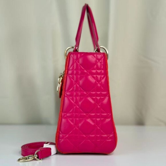 Dior Bi-Color Leather Lady Dior Medium Shoulder Bag - Red Quilted Design - Picture 2 of 10